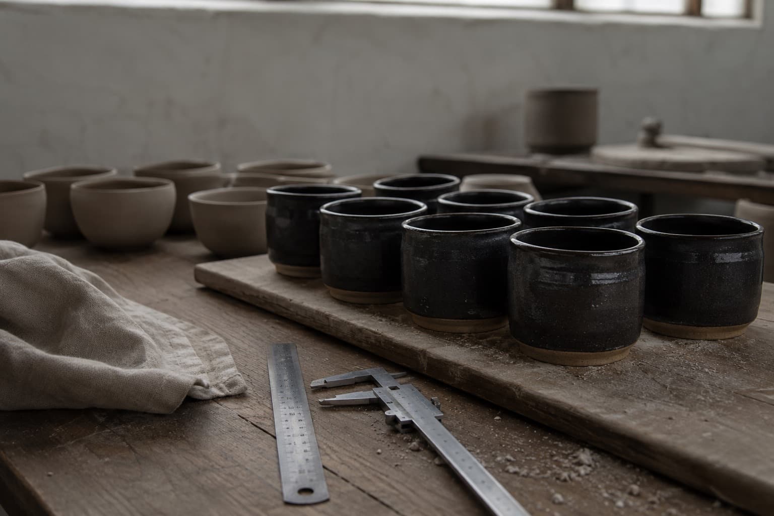 A workshop bench with glazed and unglazed stoneware waiting on a timber board beside a steel rule and callipers.