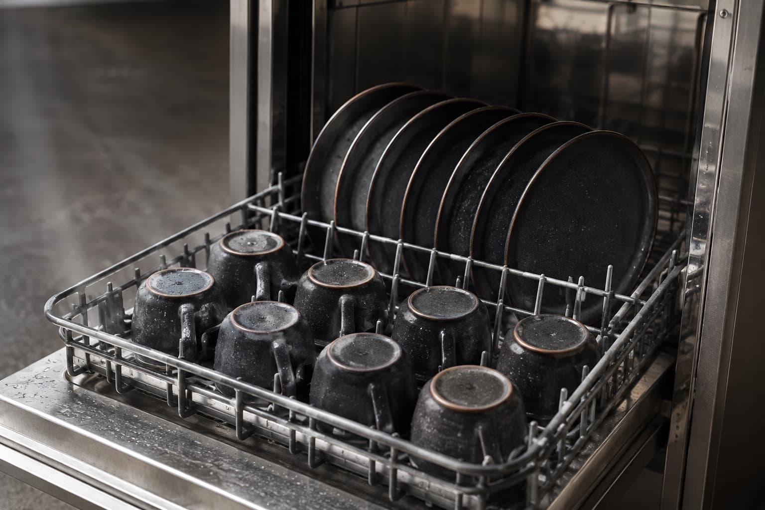 The open rack of a commercial dishwasher loaded with stoneware plates on edge and cups inverted.