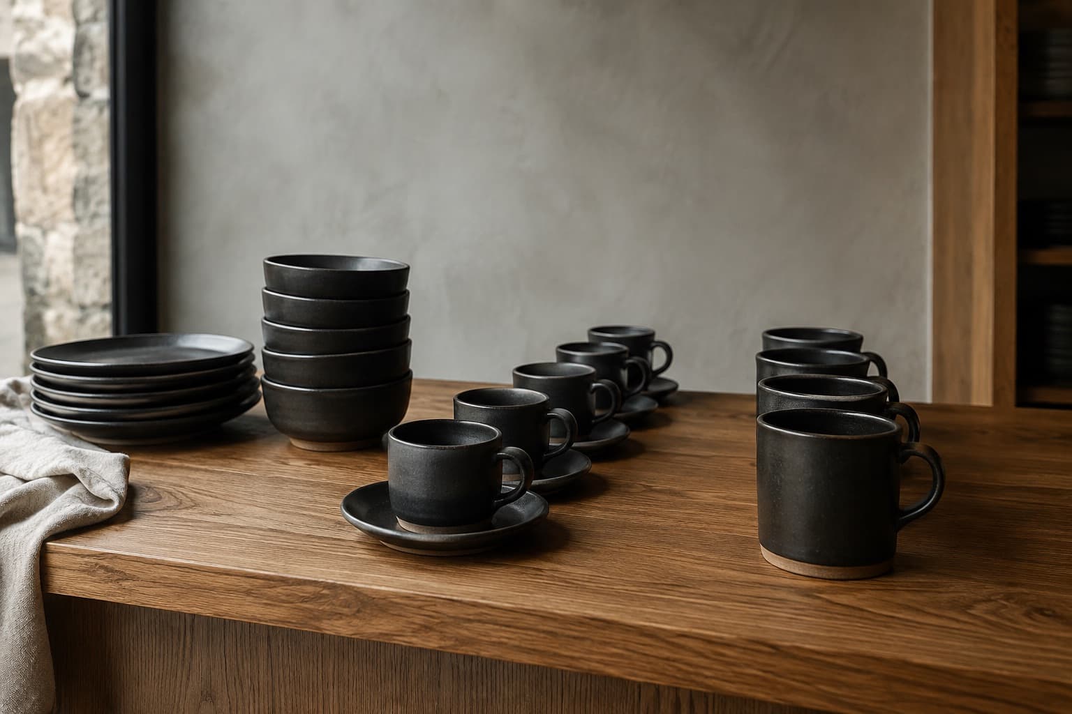 A café pass counter laid out with counted groups: a column of plates, nested bowls, cups on saucers and stacking mugs.