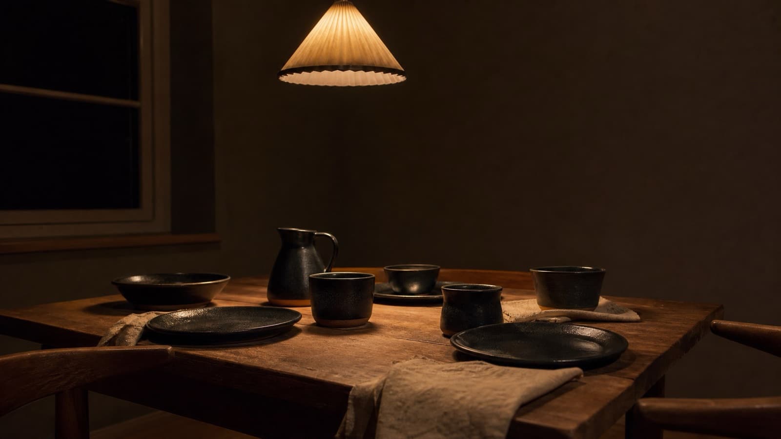 The same charcoal stoneware laid for dinner under a low warm pendant lamp.