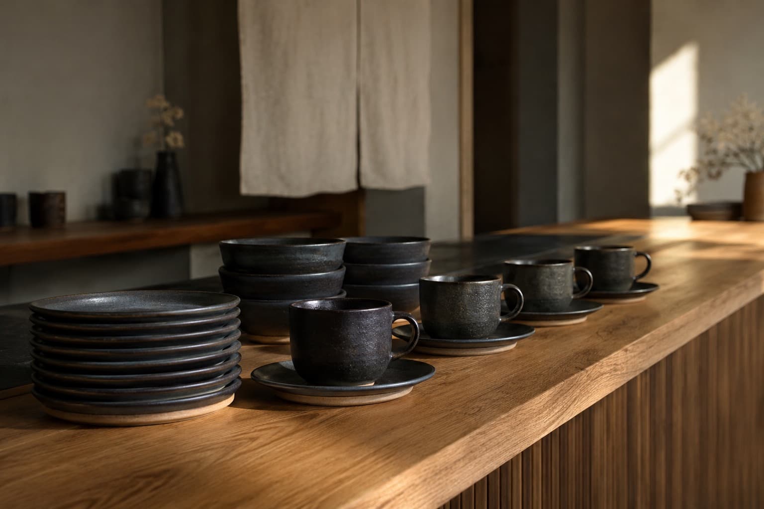 A long oak cafe counter with a low column of charcoal plates, cups on saucers along the edge and shallow bowls stacked behind.