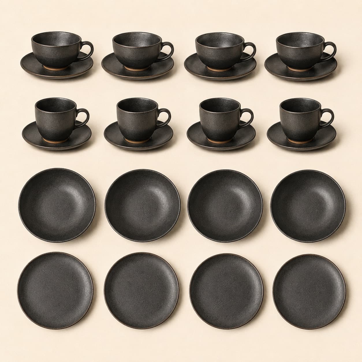 Café Opening Set — charcoal glazed stoneware with an unglazed clay foot ring.